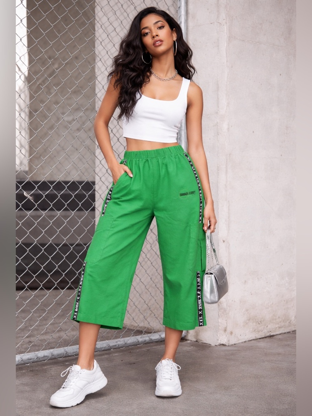 Savage X Fenty bright green cargo crop pants with logo taping down the sides Lg